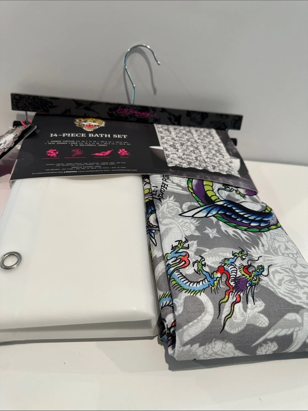 NWT Ed Hardy Tattoo Shadows (14) Piece Shower Curtain Set with Fabric/Plastic.